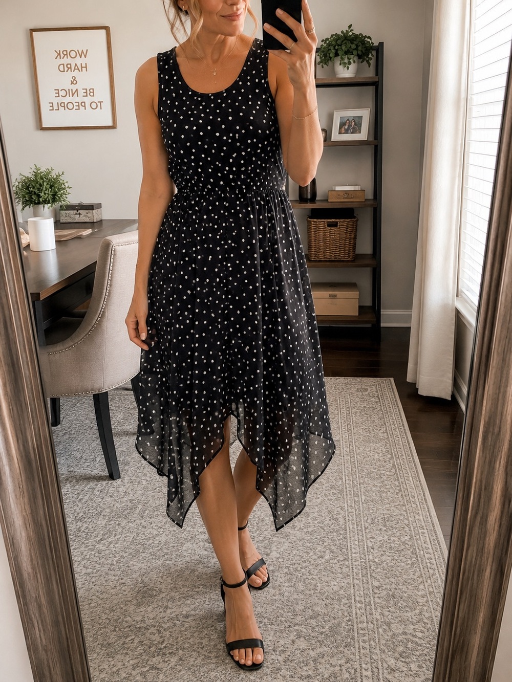 NWT ELLE Black & White Polka Dot Handkerchief Hem Dress | Size Small